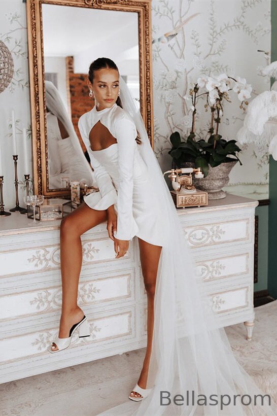 short wedding dress high neck Charming Short Lace Wedding Dress with Long Sleeves and High Neck Elsi John