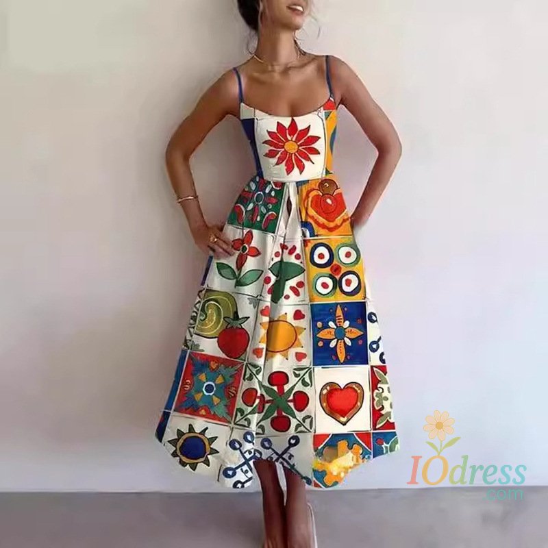 IO Dress Women Print Bodycon Dress Sling Cold Shoulder High Waist A-line Maxi Dresses Beach Party Gowns Casual Vestidos Summer 2025 Robe