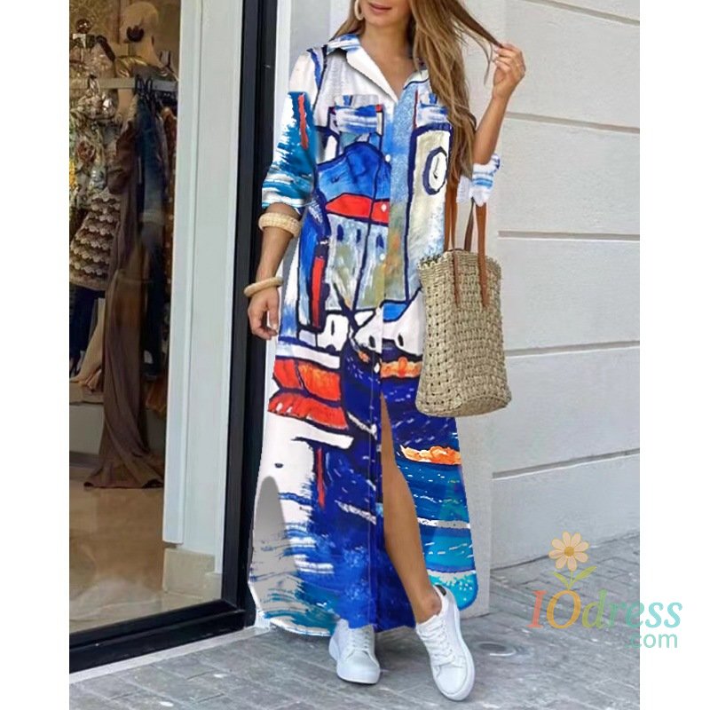 IO Dress New Women's Fashion Spring And Autumn Printed Long Sleeved Long Sleeved Shirt Dresses Elegant Flip Collar Button Split Vestidos