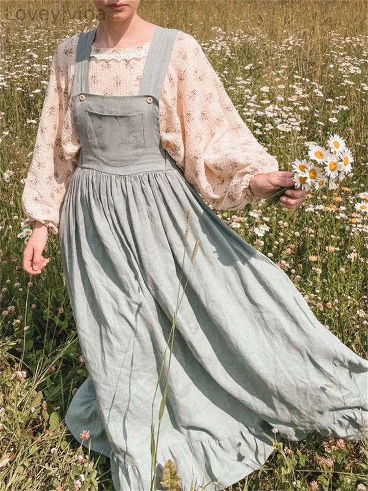 Vintage Cottagecore Ruffle Hem Maxi Pinafore Dress