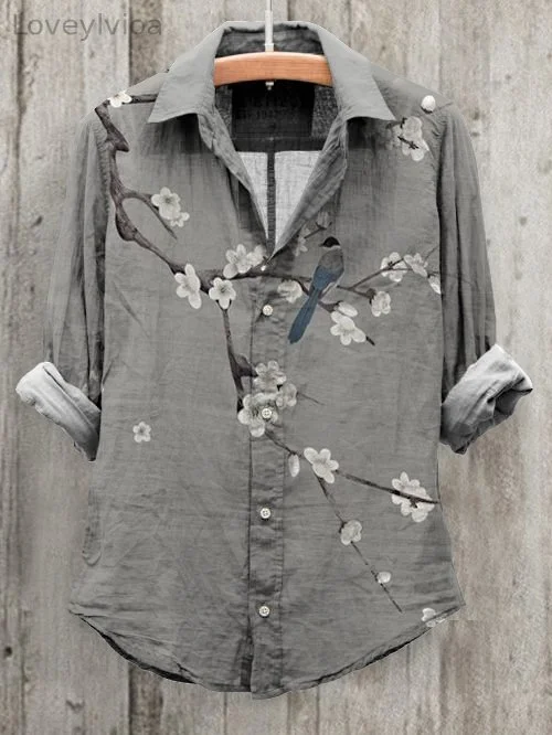 Women's Retro Plum Blossom Bird Art Print Long Sleeve Cotton And Linen Shirt