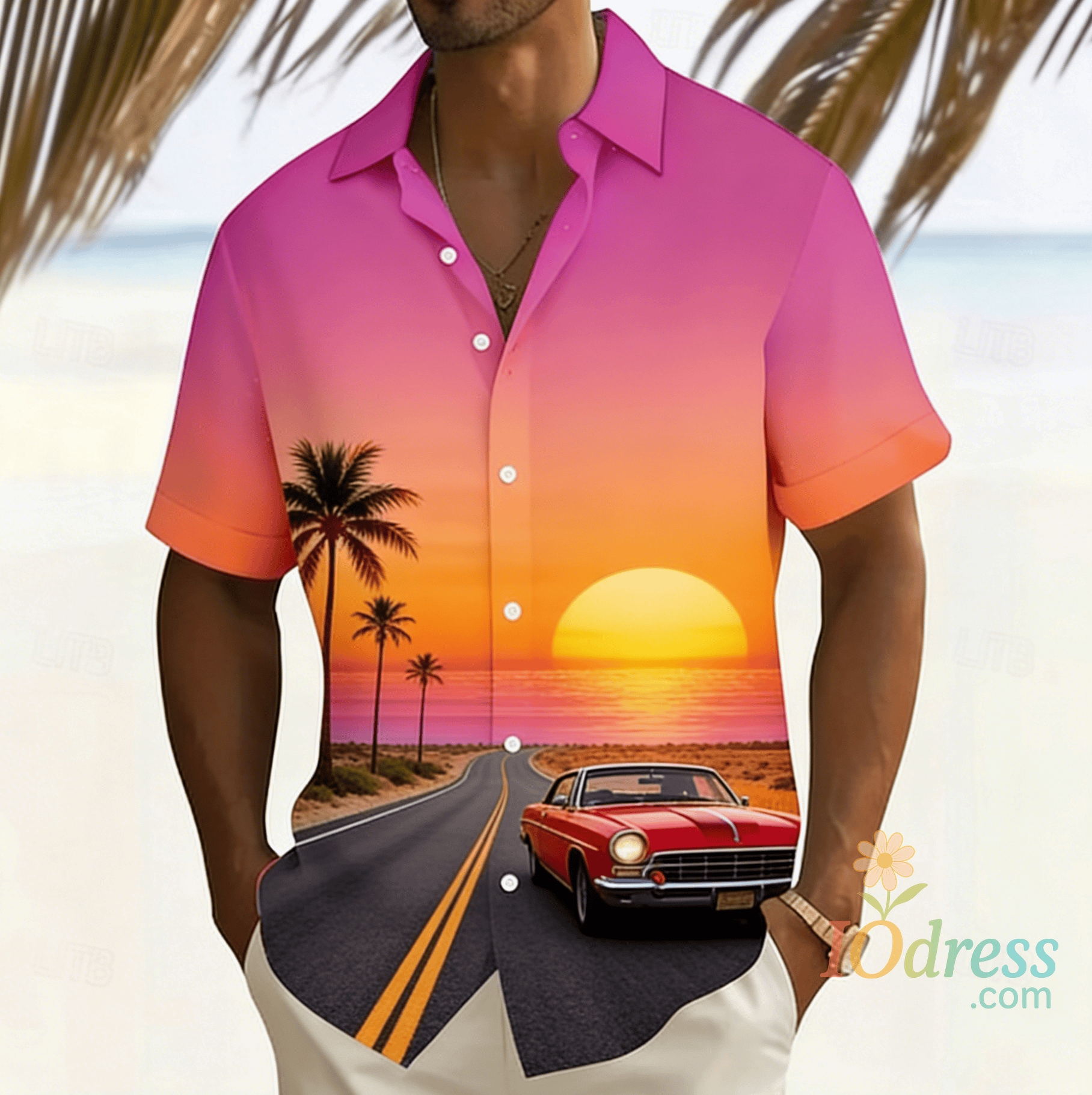 IO Menswear Men's Neon Print Short Sleeve Shirt, Spring Summer Glow Hawaiian Vacation Blouse, Loose Casual Top
