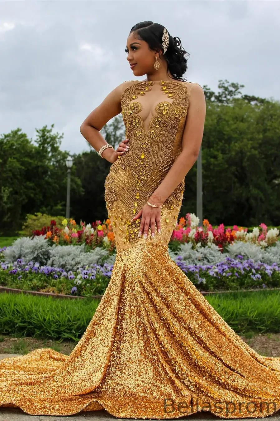 Bellasprom Gold Sleeveless Sequins Mermaid Prom Dress Long With Crystals On Sale