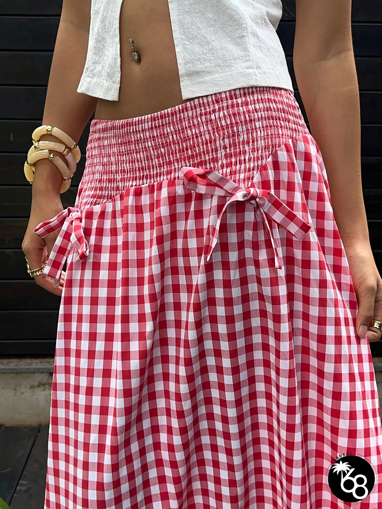 Womens Elegant Red White Gingham Check A-Line Maxi Dress With Ruffled Hem Waist Bow | 168DEAL