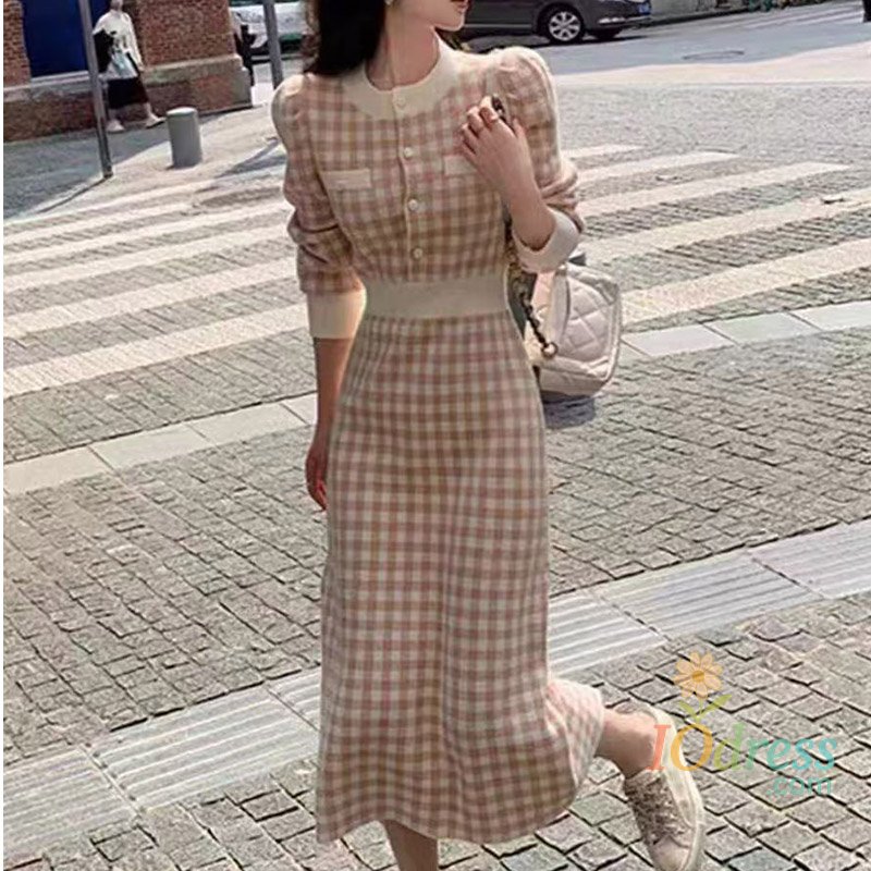 IO Dress Women Vintage Elegant Slim Soft Chiffon Dress Autumn Winter Fashion Plaid O-neck Pullovers Knitted Dresses