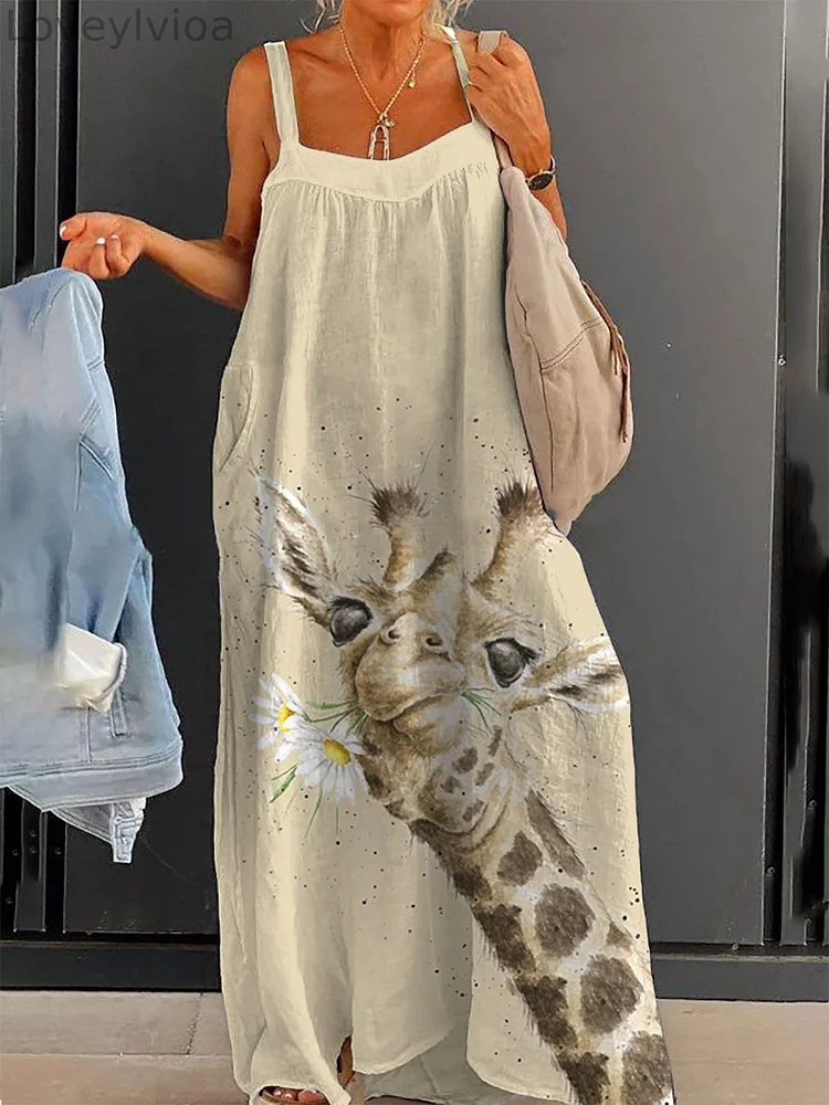 Women's Fun Giraffe Print Large Size Loose Strap Print Dress Long Skirt