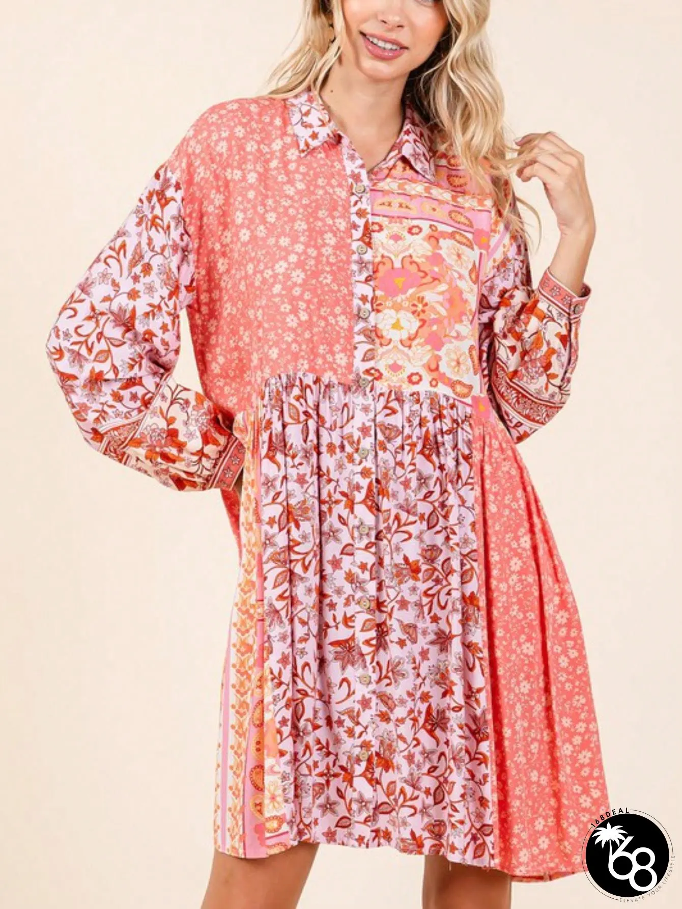 Womens Casual Boho Chic Mixed Floral Print Patchwork Babydoll Swing Dress Coral Pink White | 168DEAL