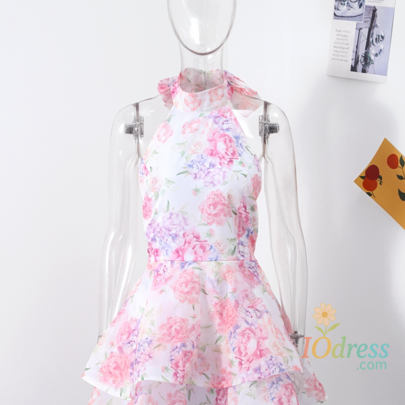 IO Dress Chic Floral Printed Mini Dress Backless Sleeveless Hem Stacking Dresses Sweet A Line Vestidos 2025 New Lady Party Club Clothing