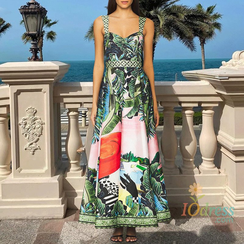 IO Dress Elegant Off Shoulder Women Vacation Set Sexy Sleeveless Sling & Long Skirt Outfits Fashion Plant Printed Swimwear 2Pc Beach Suit