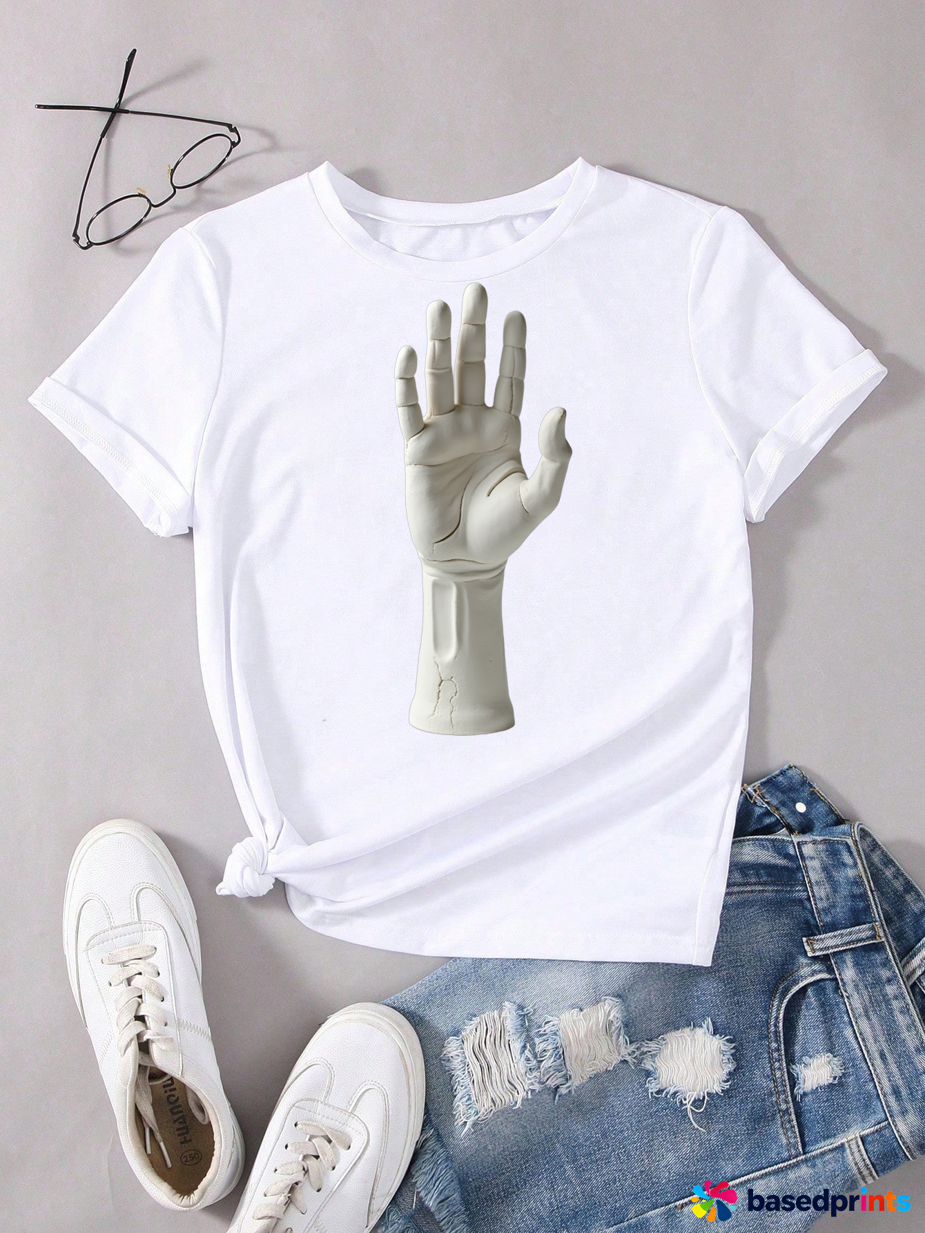 White Hand Print T-Shirt Casual Tee Shirt Women Tops