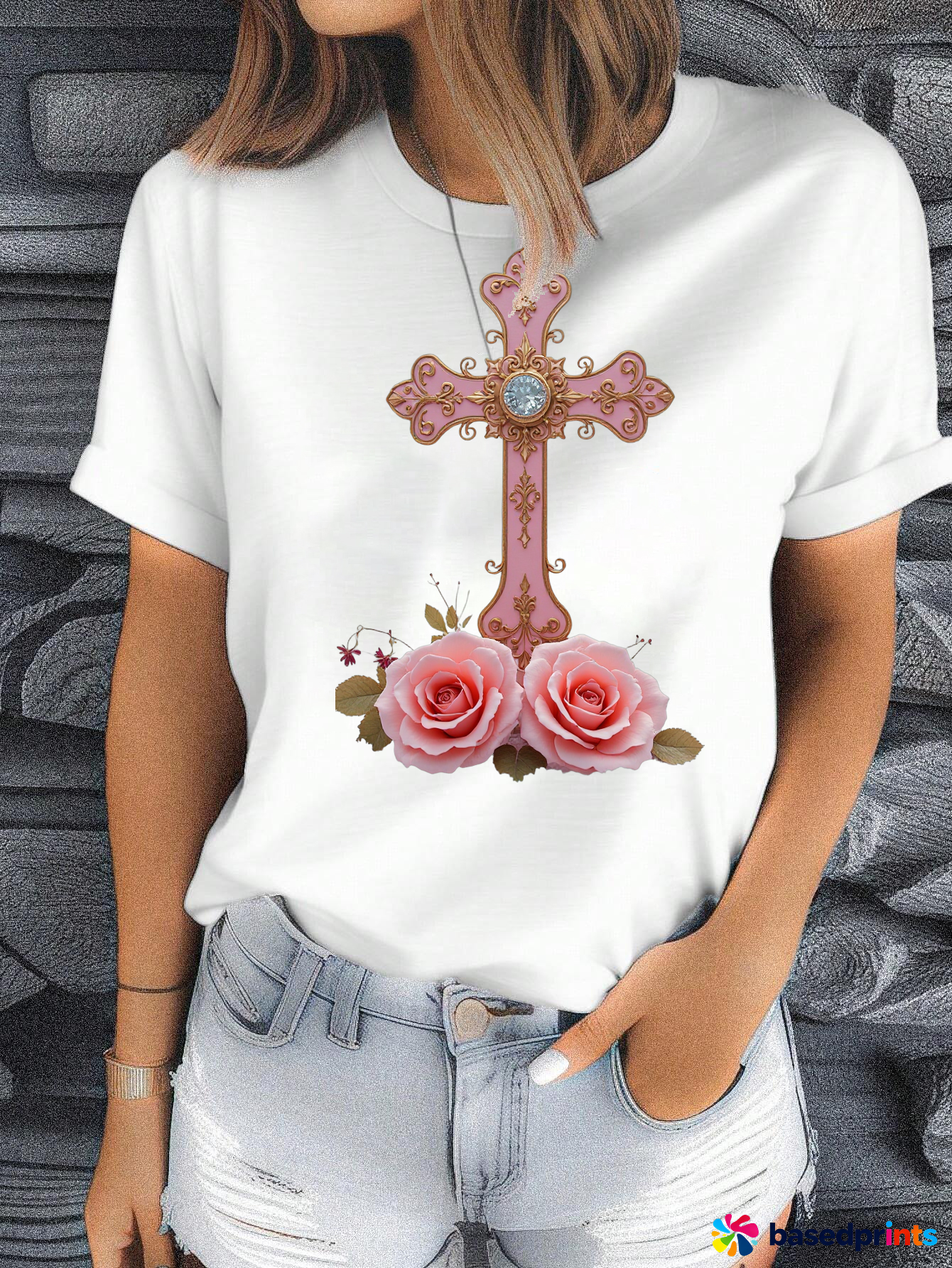 Vintage Cross Roses White T-Shirt