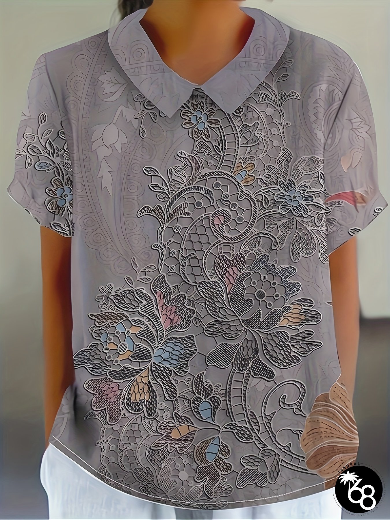 Lightweight Polyester Womens Vintage Floral Print Short Sleeve Blouse Casual Button-Up | 168DEAL