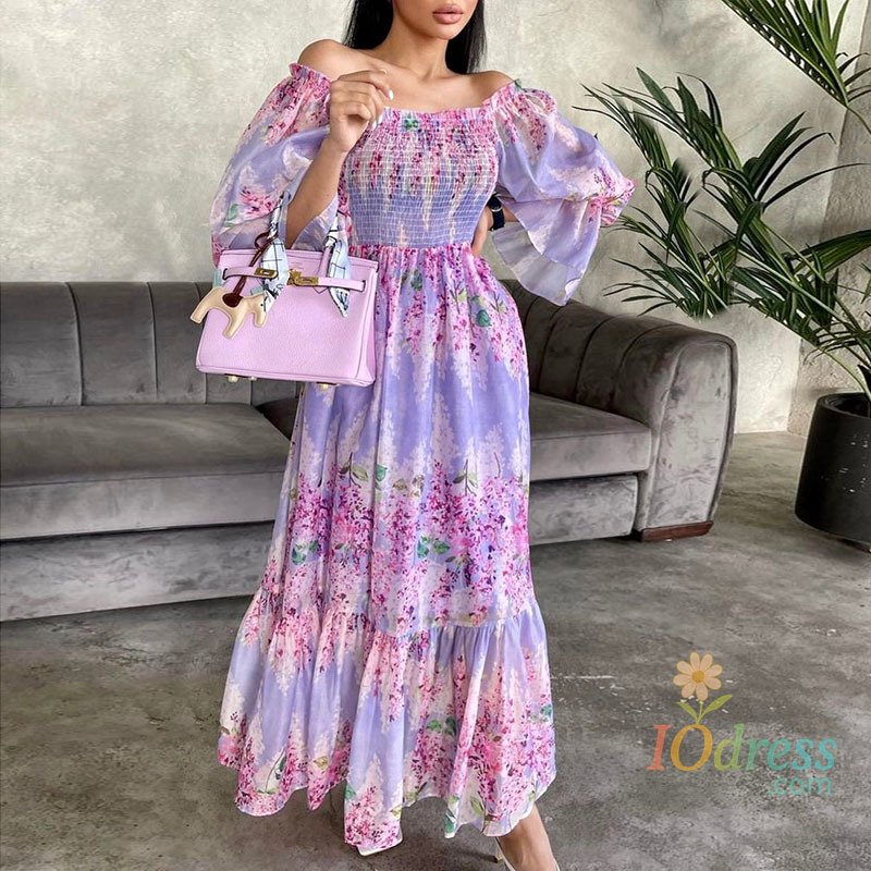 IO Dress Autumn New Long Sleeve Big Hem Dress Sexy One-shoulder Floral Printed Party Dress Elegant Lady Elastic Waist Pleat Evening Dress