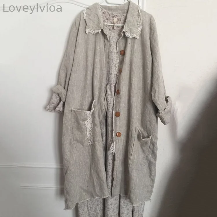 Vintage Button Printed Lace Pocket Comfy Long Sleeve Long Jacket