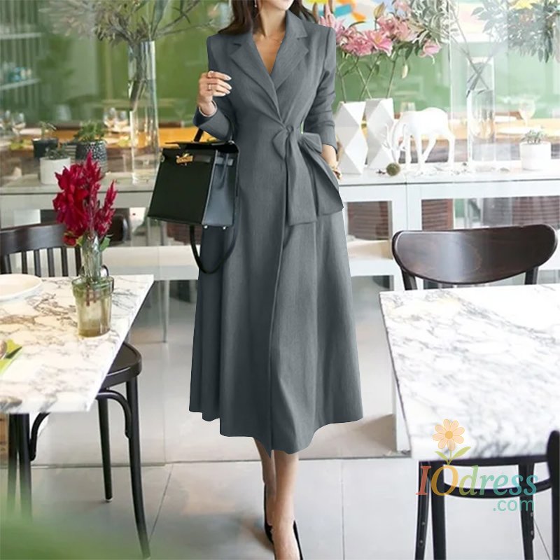 IO Dress choice 2025 Autumn Women Suit Dress Elegant Office Lady Vestidos Holiday Belted Waisted Solid Fashion Long Sleeve Midi Robe