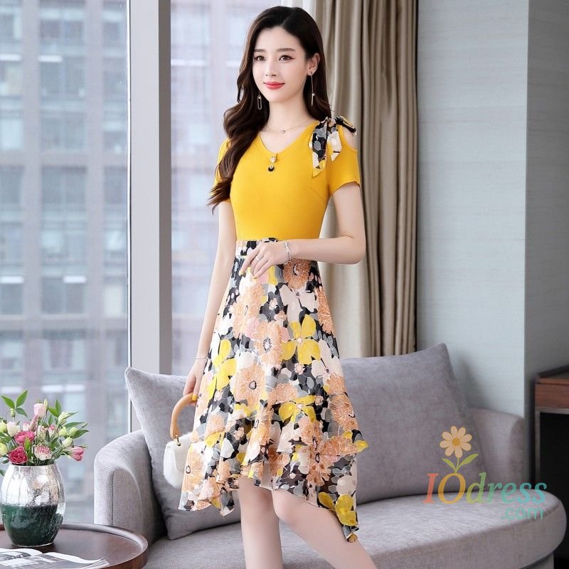 IO Dress Women's New Slim and Fashionable Floral Mid-length Chiffon Short-sleeved Dress
