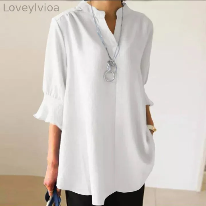 Solid Color V Neck Half Sleeve Casual Shirt
