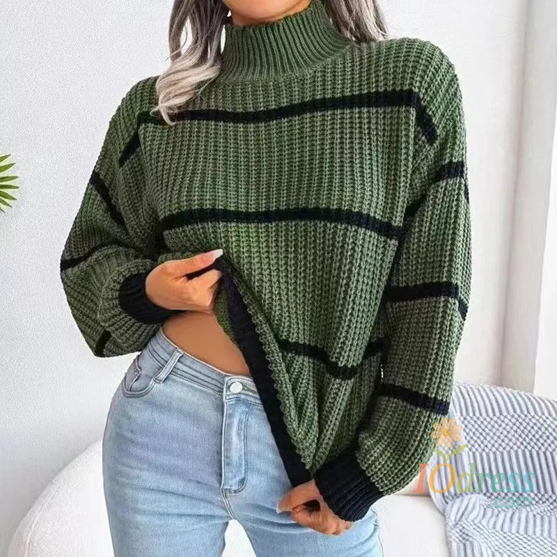 IO Dress Autumn Winter Stripe Sweaters Pullovers Women New Solid Color Long Sleeved Jumpers Fashion High Neck Warm Pullover Knitwears Top