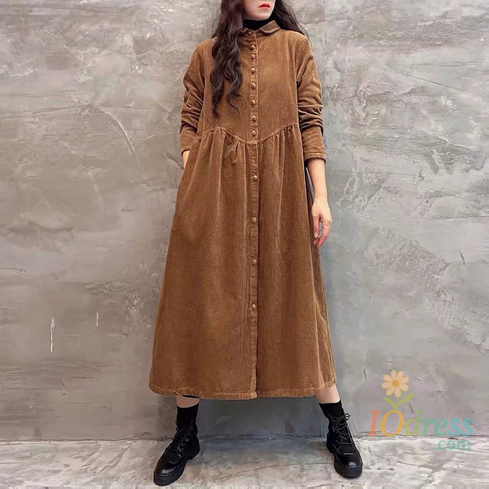 IO Dress Autumn Winter Thick Corduroy Dress for Women Vintage Solid Casual Loose Long Sleeve Button Shirt Maxi Dress Cardigan Tunic Tops