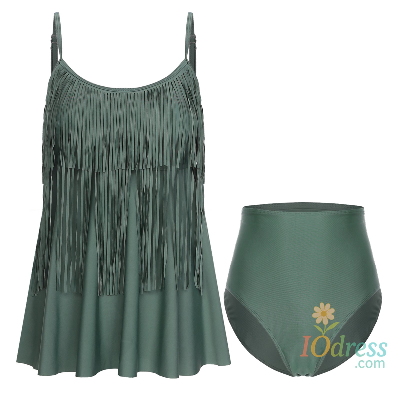 IO Dress Womens Two Pieces Plus Size Swimsuit Hawaii Swimwear Fringes Tankini Swim Tops with Bottom Set Flowy Sun Bathing Suit Beachwear