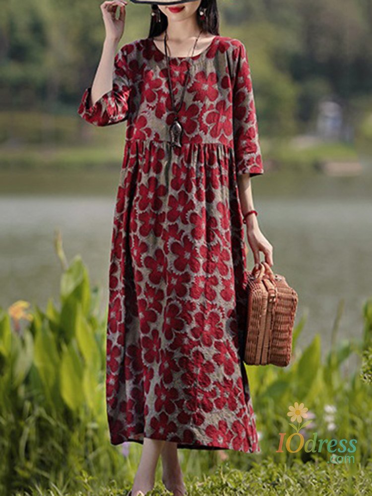 IO Dress Vintage Floral Dress Woman 2025 choice Autumn Bohemian Long Dresses Casual Long Sleeve Maxi Vestidos Loose Robe Femme Oversize