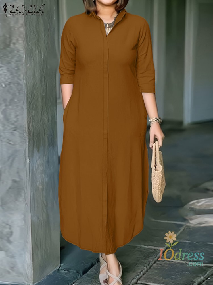 IO Dress 2025 Fashion Autumn Shirt Dress Shop Women Lapel 3/4 Sleeve Work Sundress Elegant Solid OL Vestidos Casual Buttons Midi Robe