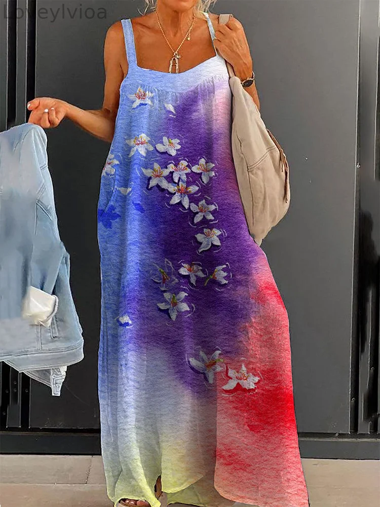 Women's Colorful Petals Spliced Large Size Loose Strap Printed Dress Long Skirt