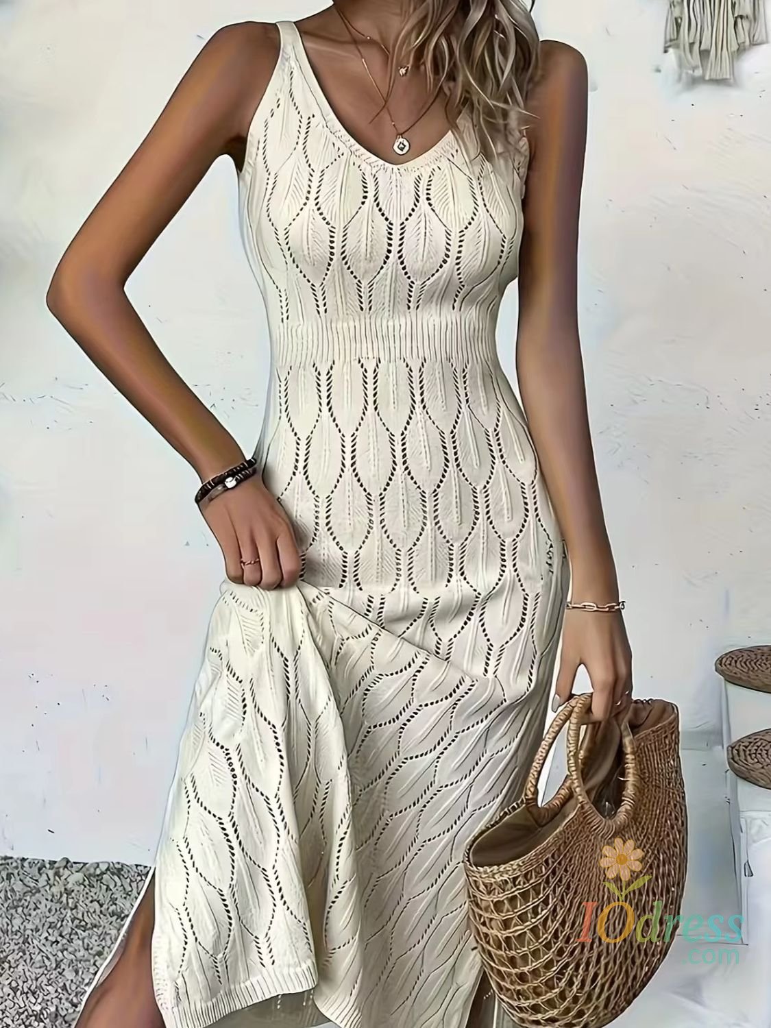 IO Dress Knitted mix sleeveless long coat-style sweater dress semi-sheer and unlined