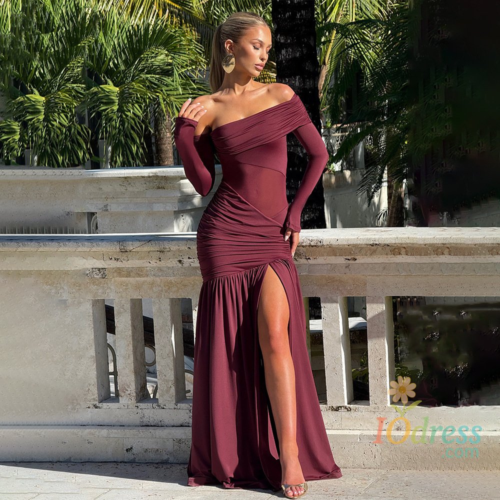 IO Dress Townlike Pleated Slim Bodycon Maxi Long Dress Women Off Shoulder 2025 Autumn Winter Dress Lace Patchwork Sexy Party Dresses