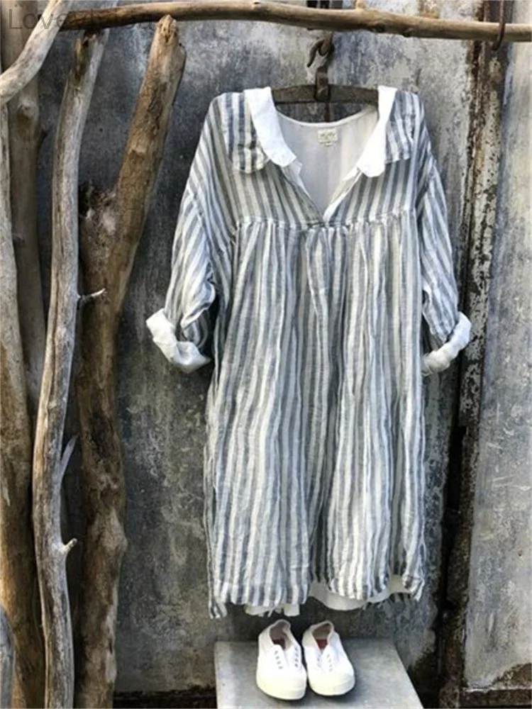 Striped Lapels V Neck Pleated Oversize Maxi Dress