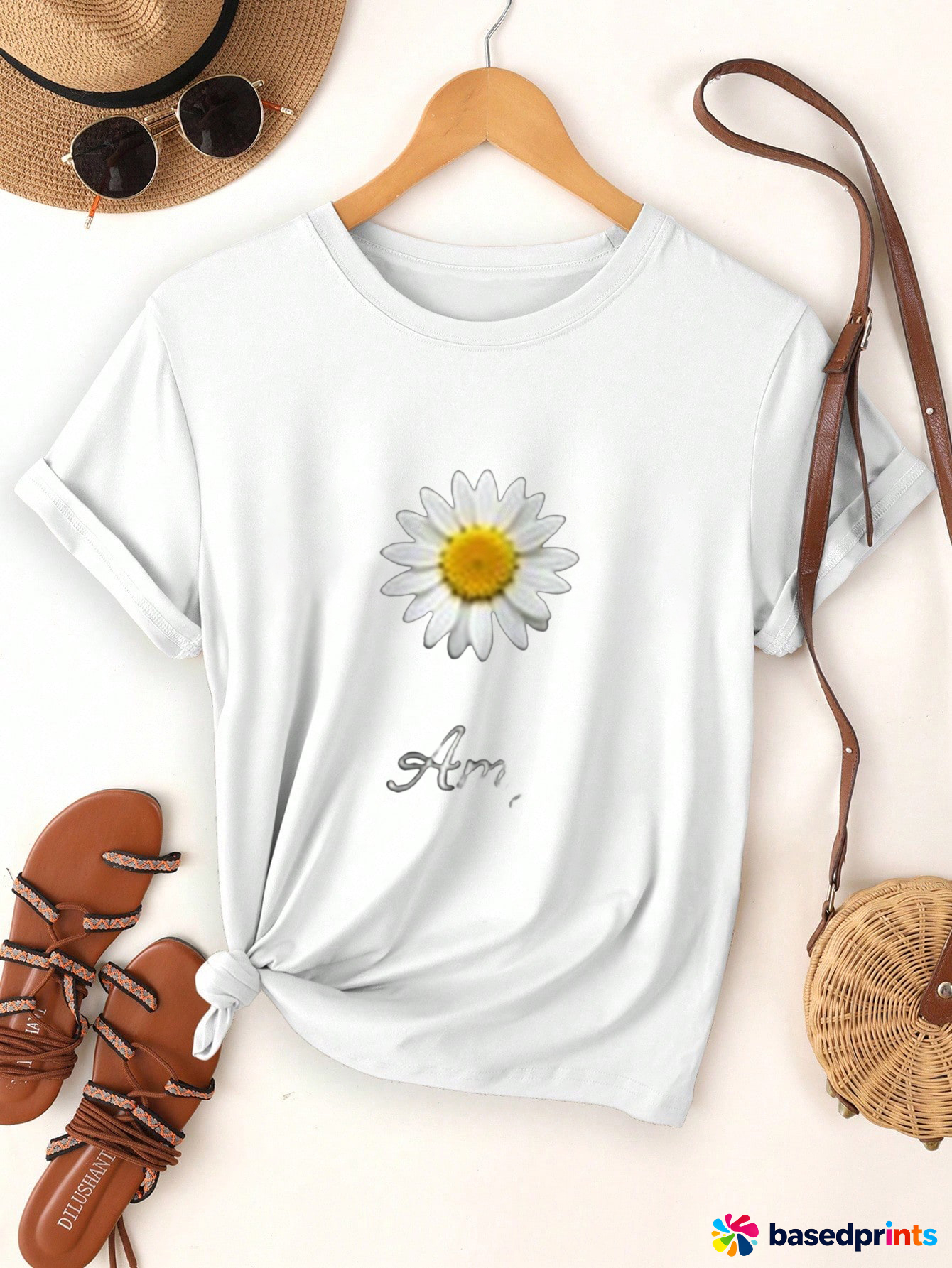 White Daisy Printed T-Shirt Women Casual Short Sleeve Tops
