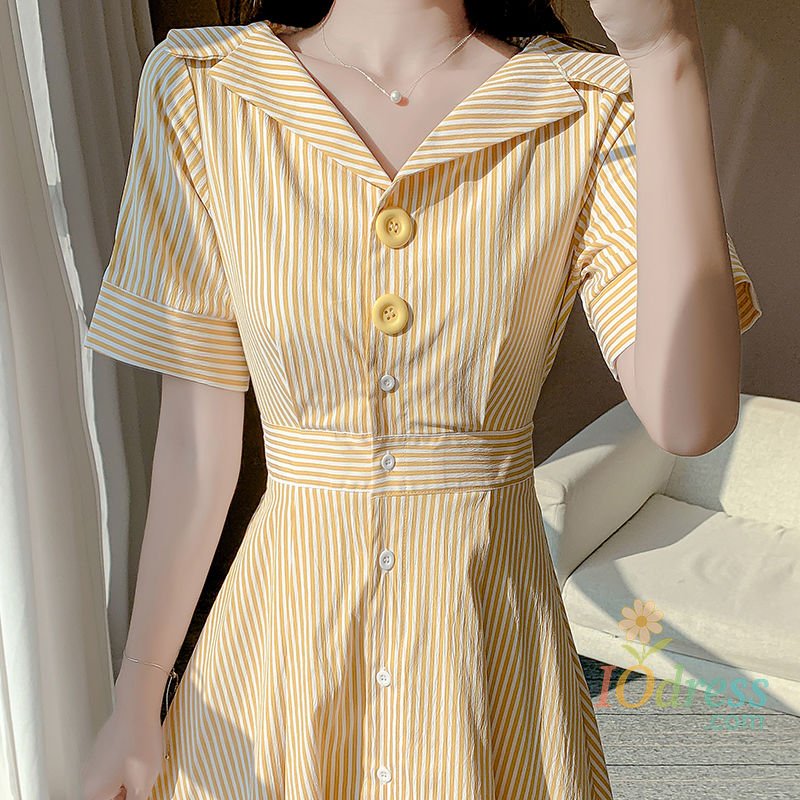 IO Dress Fashion Lapel Button Bandage Bow Striped Shirt Dress Women's Clothing 2024 Summer New Loose All-match Short Sleeve Casual Dress