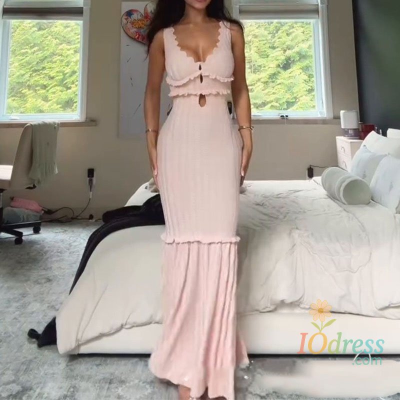 IO Dress Chic Wave V-neck Knitted Halter Wrap Hips Dress Elegant Solid Color Sleeveless Slim Banquet Dress Summer New Ruffles Party Dress