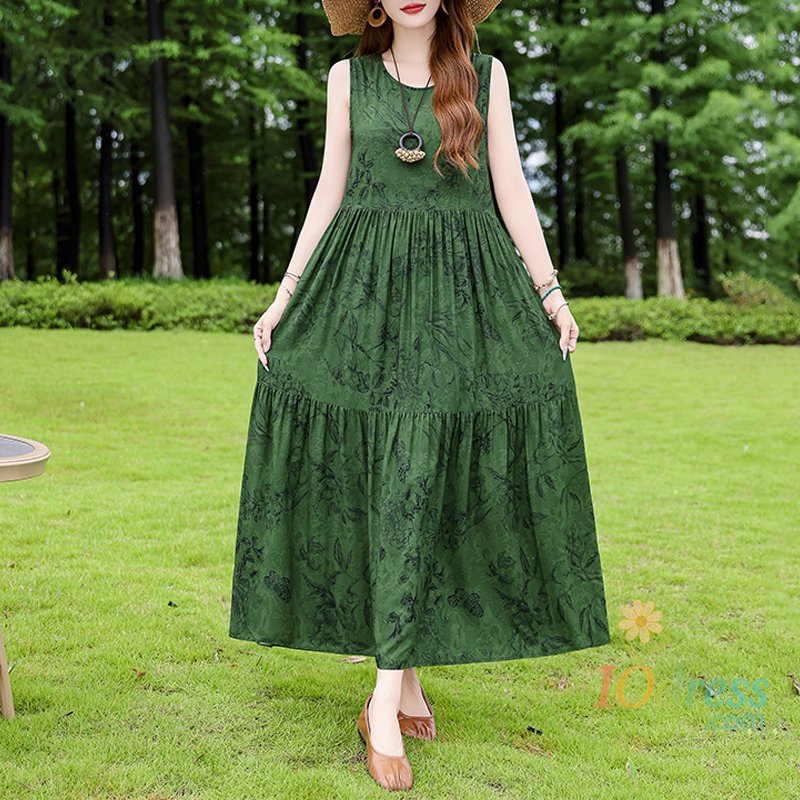 IO Dress New Casual 2024 Women summer Dress Floral Print Sleeveless Vestidos Elegant Vintage O-Neck Plus size Dresses