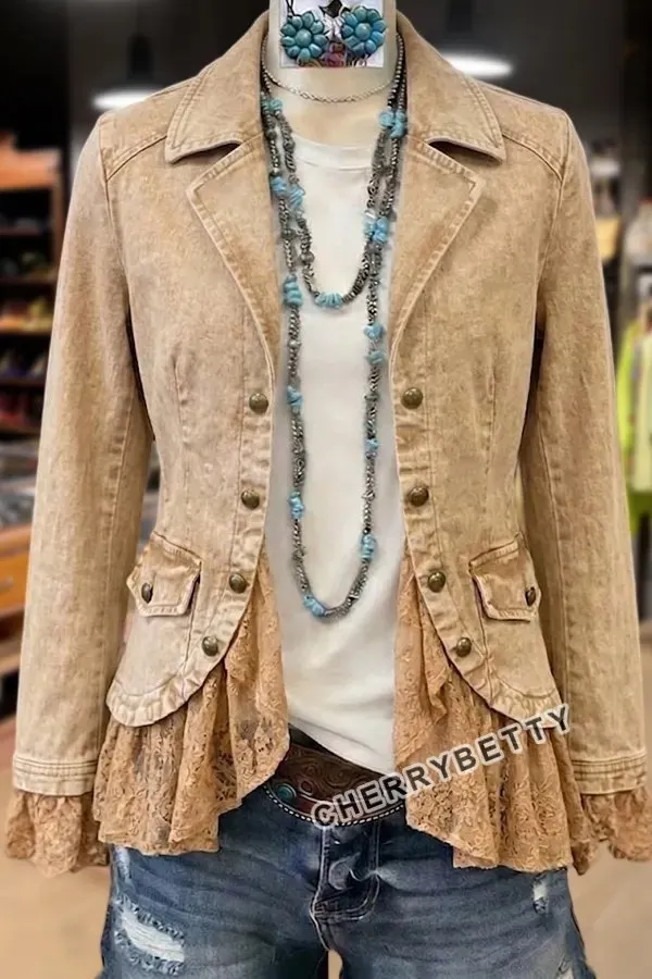 Solid Collar Long Sleeve Lace Ruffle Hem Jacket