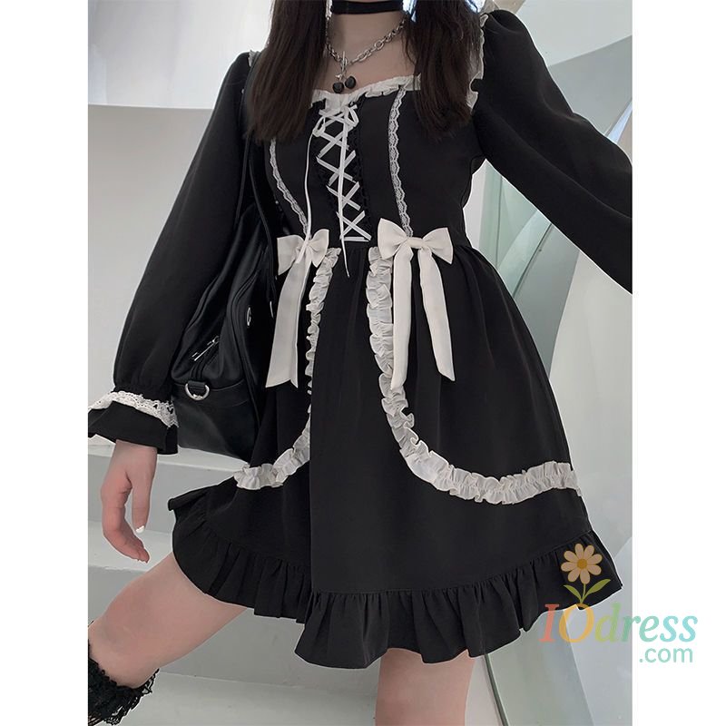 IO Dress Harajuku Sweet Bow Black Plaid Dresses All-match Slim Fit Kawaii Lolita Dress for Women Autumn New Long Sleeve Vestidos De Mujer