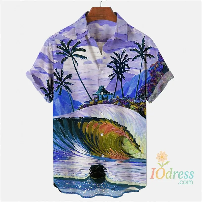 IO Menswear Tropical Palm 3d Print Hawaiian Shirt For Men Summer Beach Street Short Sleeves Tops Harajuku Holiday Lapel Button Loose Blouse