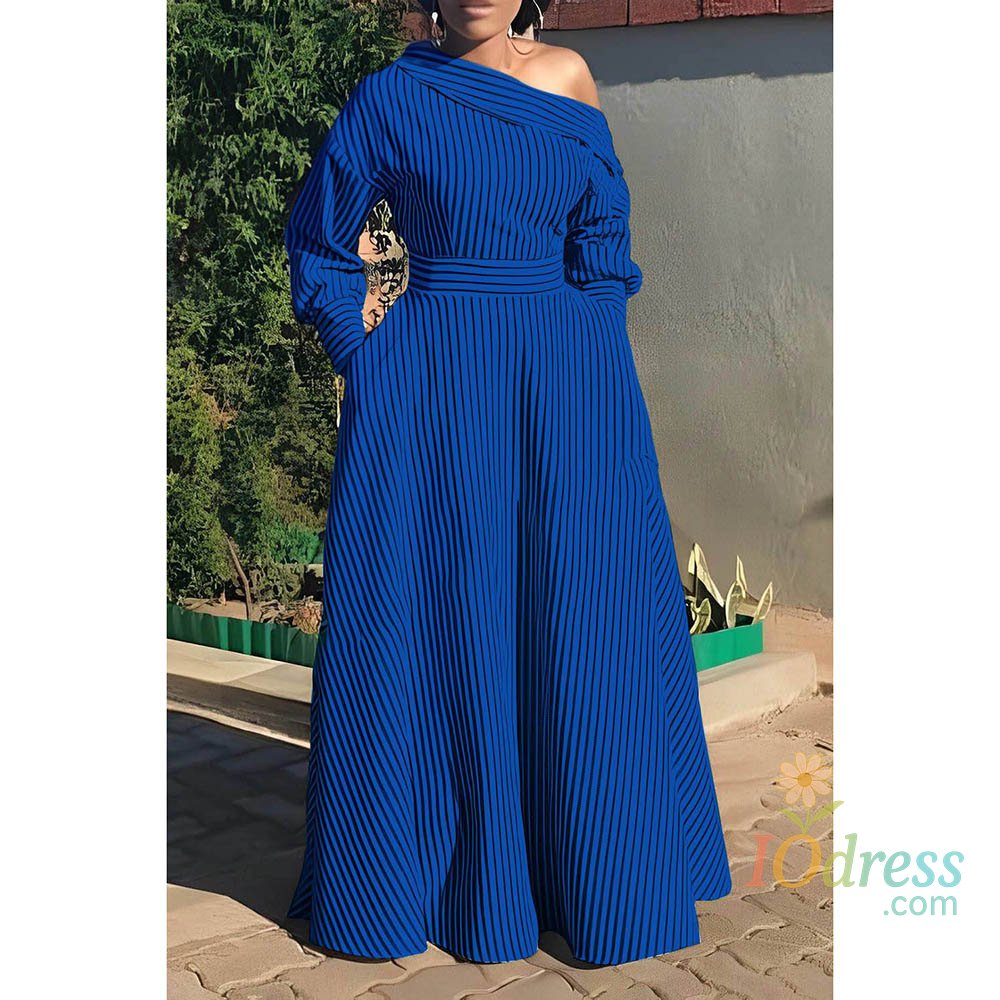 IO Dress Plus Size White Casual Dress Ash Stripe Oblique Collar One Shoulder Maxi Dress With Pocket