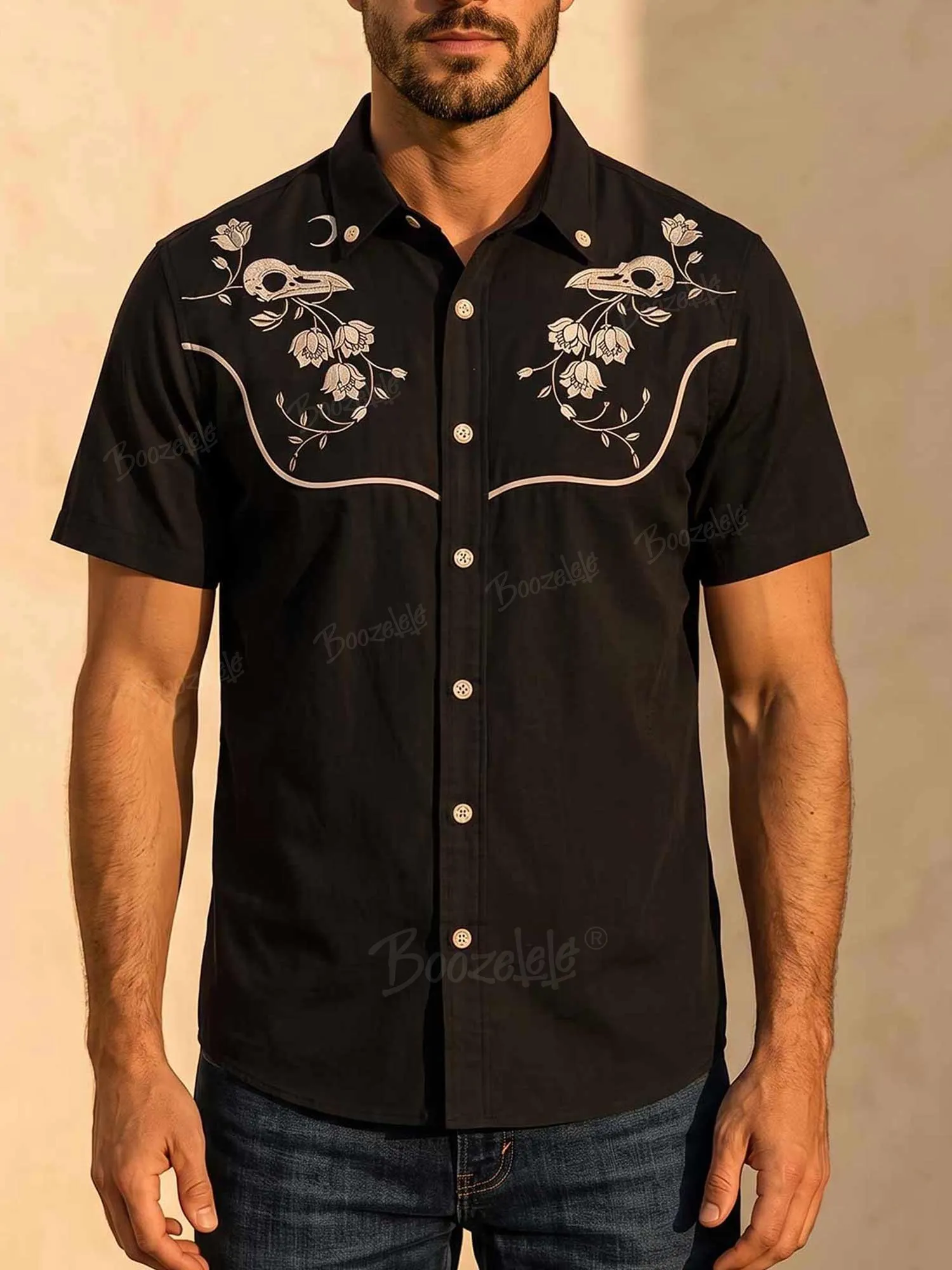 【Embroidery】Flower And Raven Skull - 100% Cotton Shirt