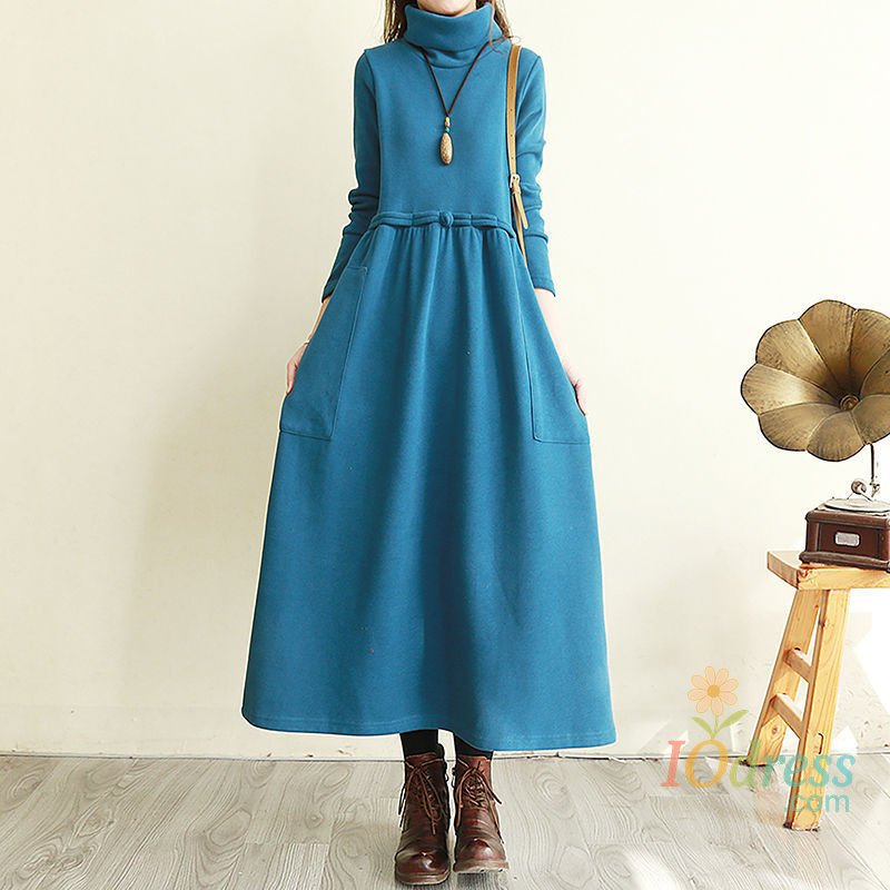IO Dress Vintage Plus Fleece Autumn Winter Midi Dress Women Fashion Casual Turtleneck Over the Knee Solid Loose Temperament Long Dresses