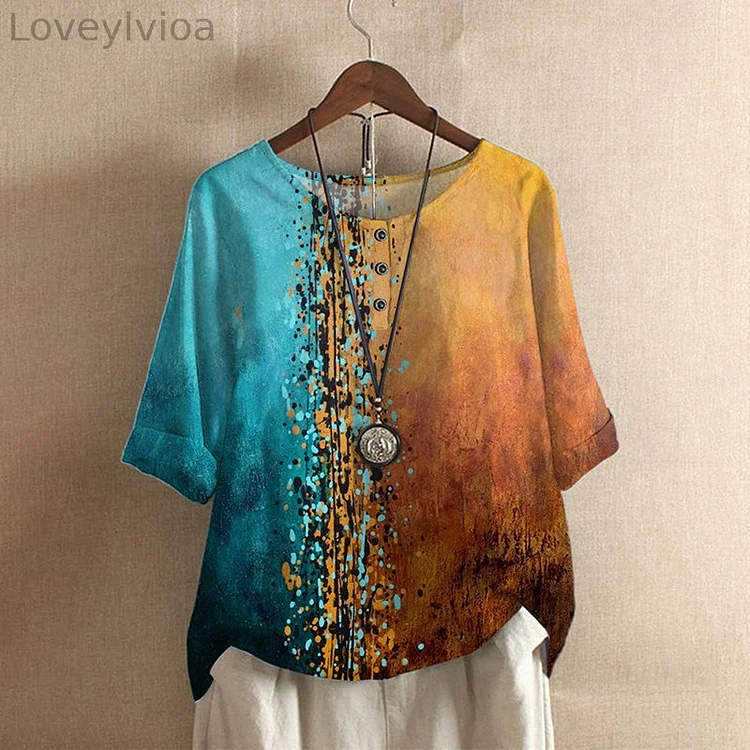 Printed Round Neck Loose Casual T-Shirt