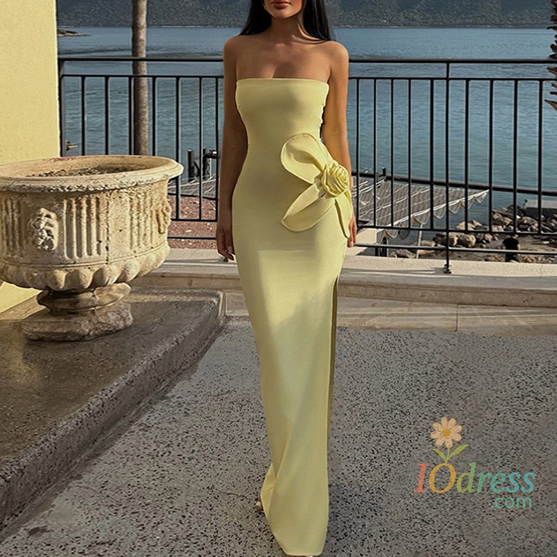 IO Dress Sexy Tube Top Split Party Dress Elegant Pure Hollow Out Sleeveless Banquet Dress 2025 New Lady Stereoscopic Floral Evening Dress