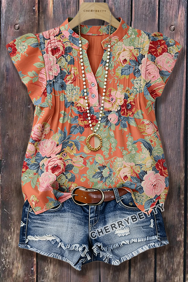 トップス cherryboy407 Retro Floral Print Flutter Sleeve Top