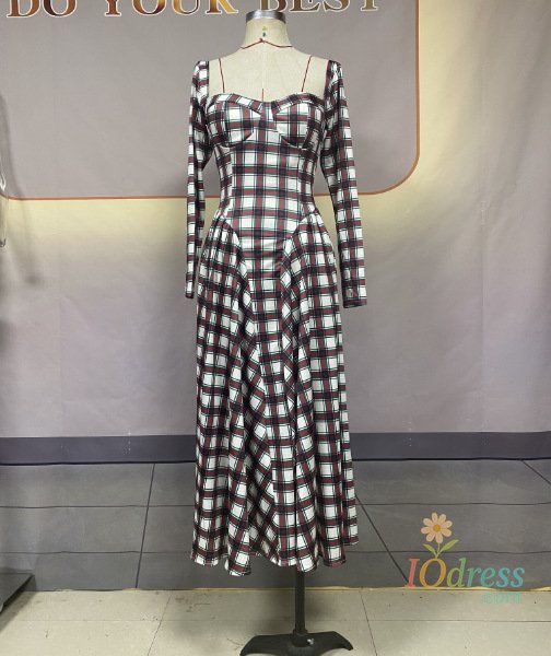 IO Dress Women Dresses Square Collar Party Dress Plaid Long Sleeve Ankle Length Vestidos Pullover Slim Fit Sexy Basics Summer 2024