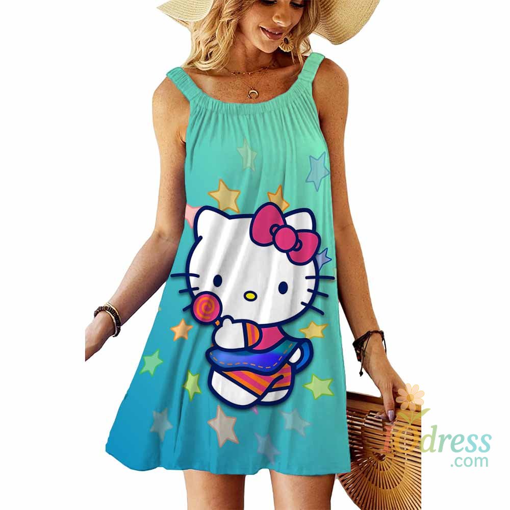 IO Dress New Hello Kitty Print Spaghetti Strap Dresses For Women Summer O Neck Ruffle Sleeveless Short Dress Vintage Ladies Beach Dress