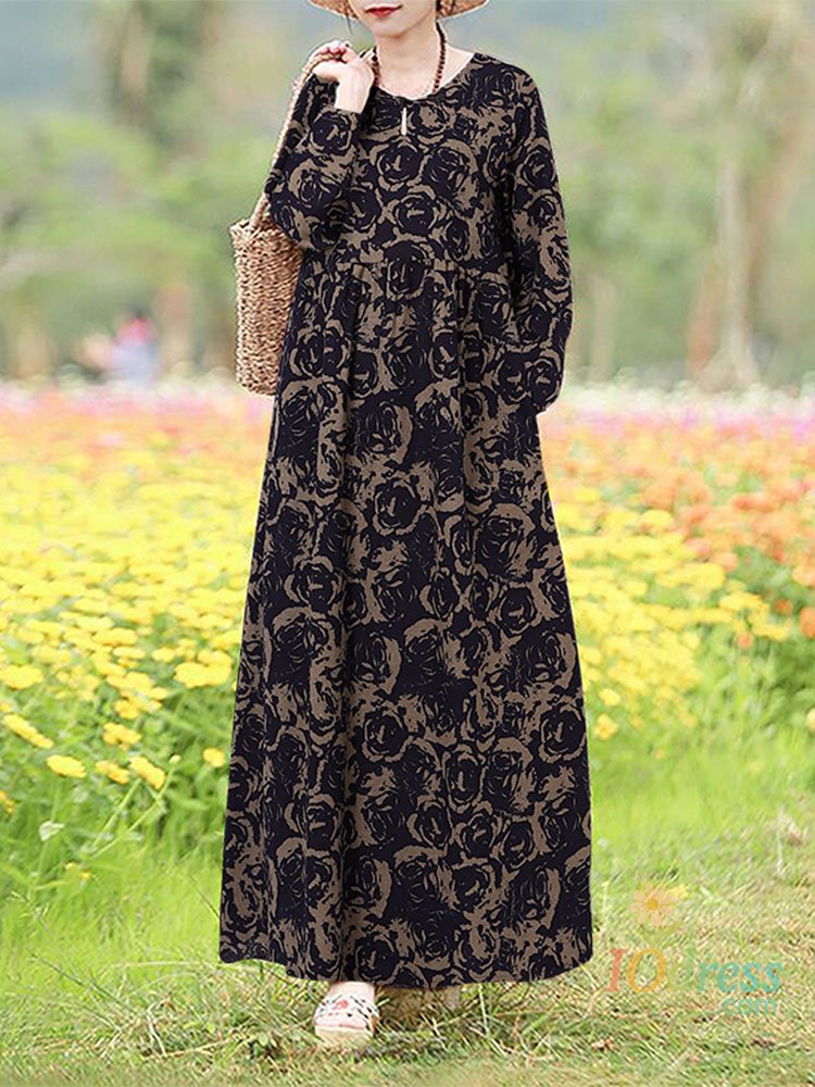 IO Dress Vintage Floral Dress Woman 2025 choice Autumn Bohemian Long Dresses Casual Long Sleeve Maxi Vestidos Loose Robe Femme Oversize