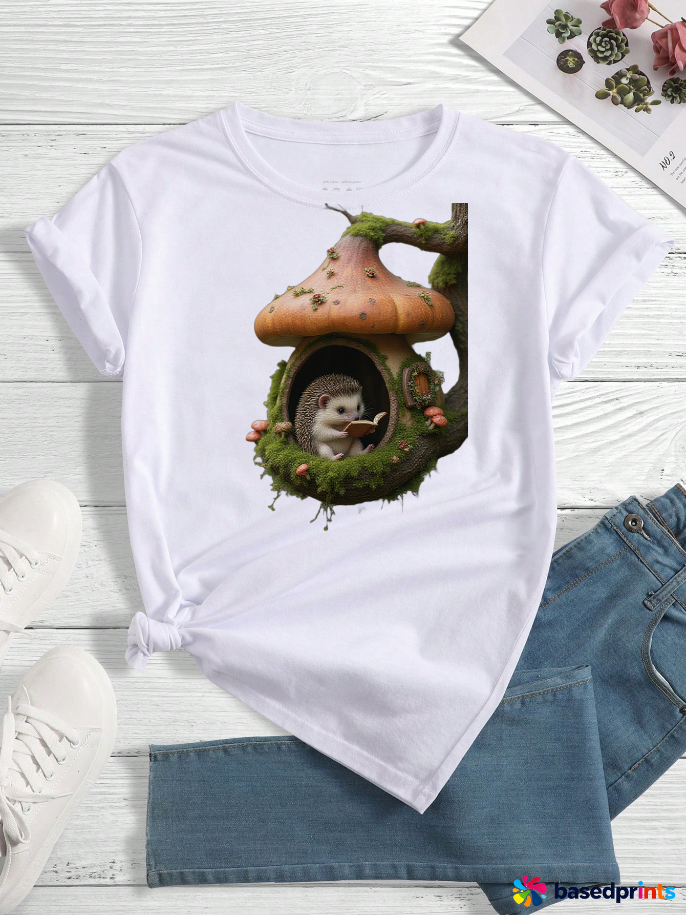 Cute Hedgehog Mushroom House Print T-Shirt Women Summer Casual Short Sleeve Tops