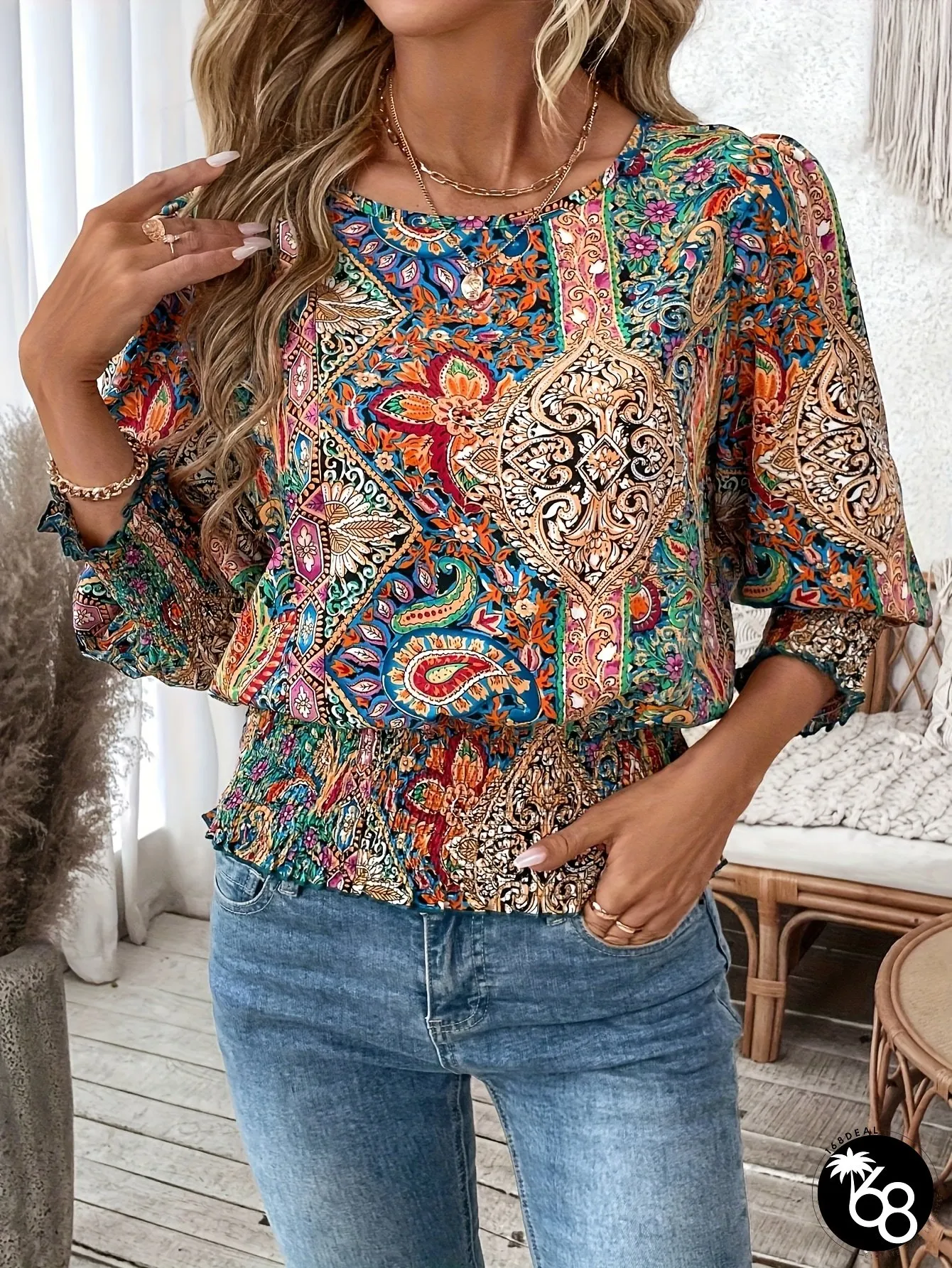 Elegant Womens Puff Sleeve Blouse With Ruffled Cuffs Geometric Print Round-neck Casual | 168DEAL