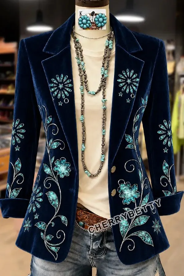 Boho Floral Print Long SLeeve Velvet Blazer