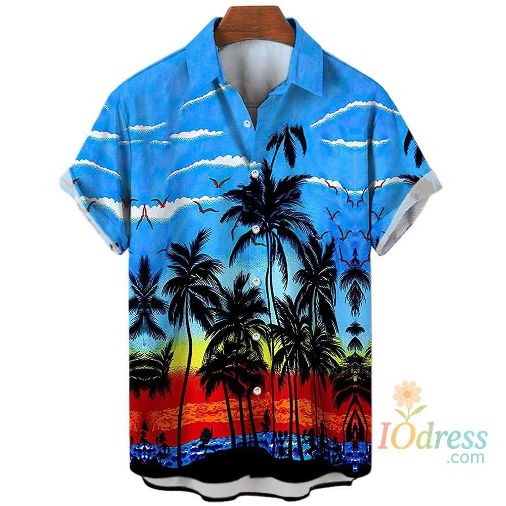 IO Menswear Summer Fashion Men's 3d Hawaiian Shirts Oversized Beach Short Sleeve Coconut Tree Print Shirts Tees Tops Casual Clothes Camiseta